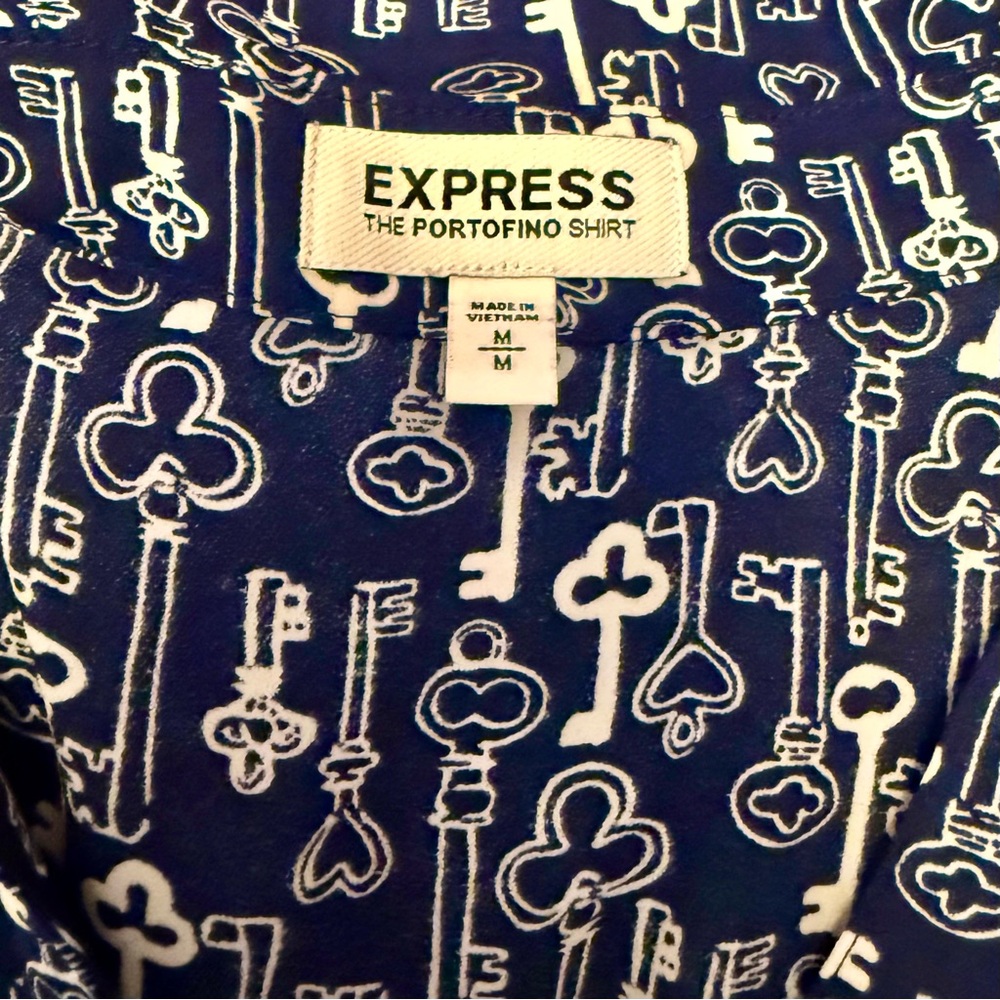 Express Navy & White Key Pattern Button-Down Shir… - image 3